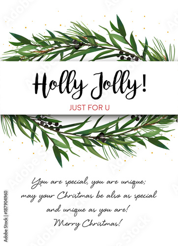 Vector greeting card, invite with Pine tree greenery branches, Eucalyptus Green leaf Wreath & black berry border, frame. Merry cute watercolor illustration. Merry Christmas copy space design template