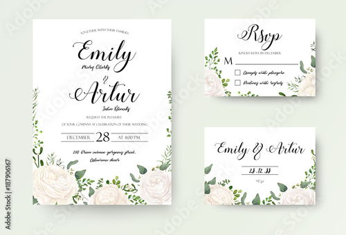 Wedding Invitation floral invite Rsvp cute card vector Designs set  white garden Ranunculus  Rose flower  fern  eucalyptus  mistletoe green leaf   berry romantic trendy greenery forest rustic bouquets