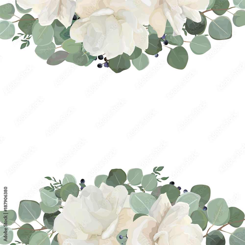 Floral card design with garden white, creamy peony, Rose flower, silver