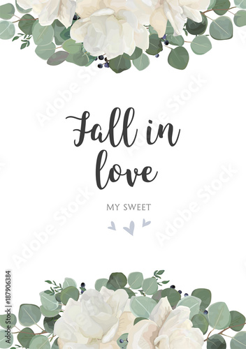 Floral card vector Design: garden white, creamy peony, Rose flower, silver Eucalyptus, thyme green leaves elegant greenery, blue berry bouquet, print, element. Rustic wedding invitation template