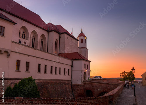 Colorful sunset on Castle Špilberk majority view and the icon city of Brno.