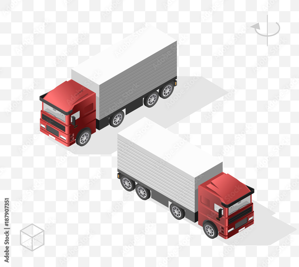 Set of Isolated High Quality Isometric City Elements . Truck with Shadows on Transparent Background