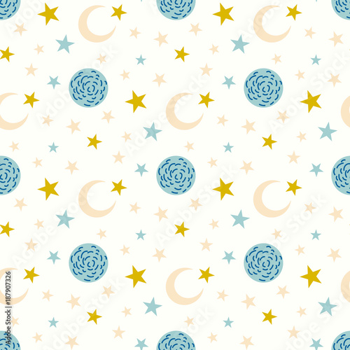 Seamless pattern with moon and star. Moon and star background.