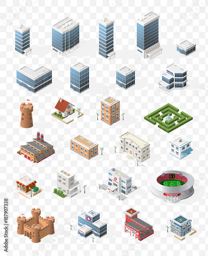 Set of Isometric High Quality City Element for Map on Transparent Background . Buildings