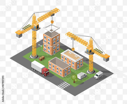 Set of Isolated High Quality Isometric City Elements. Construction Scene on Transparent Background