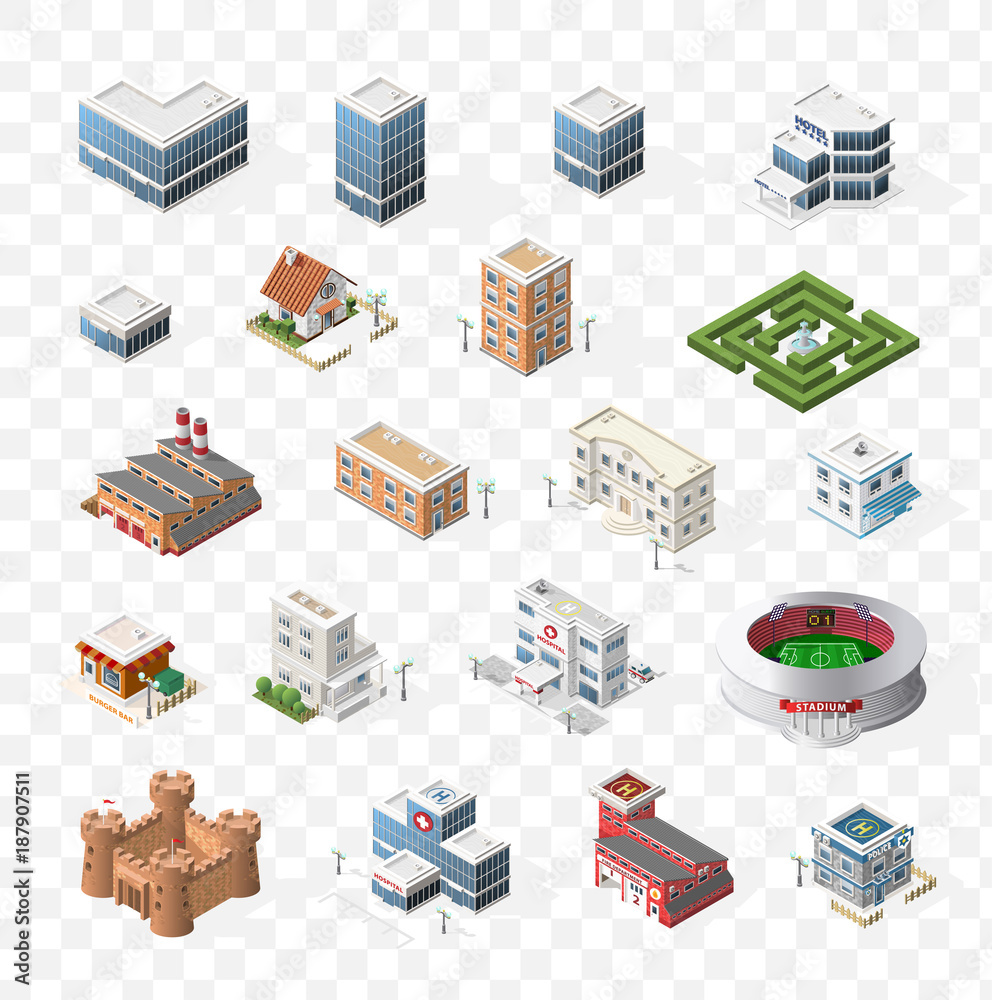 Isometric High Quality City Street Urban Buildings on Transparent Background