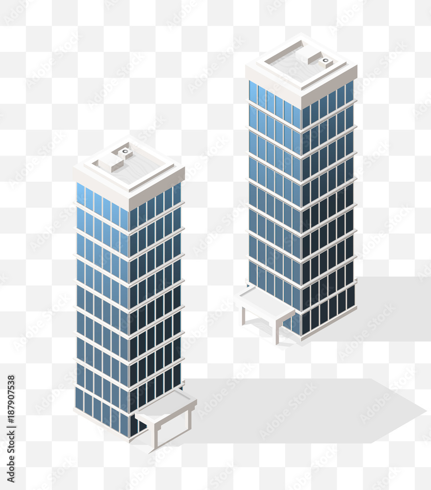 Isometric High Quality City Element with 45 Degrees Shadows on Transparent Background . Skyscraper