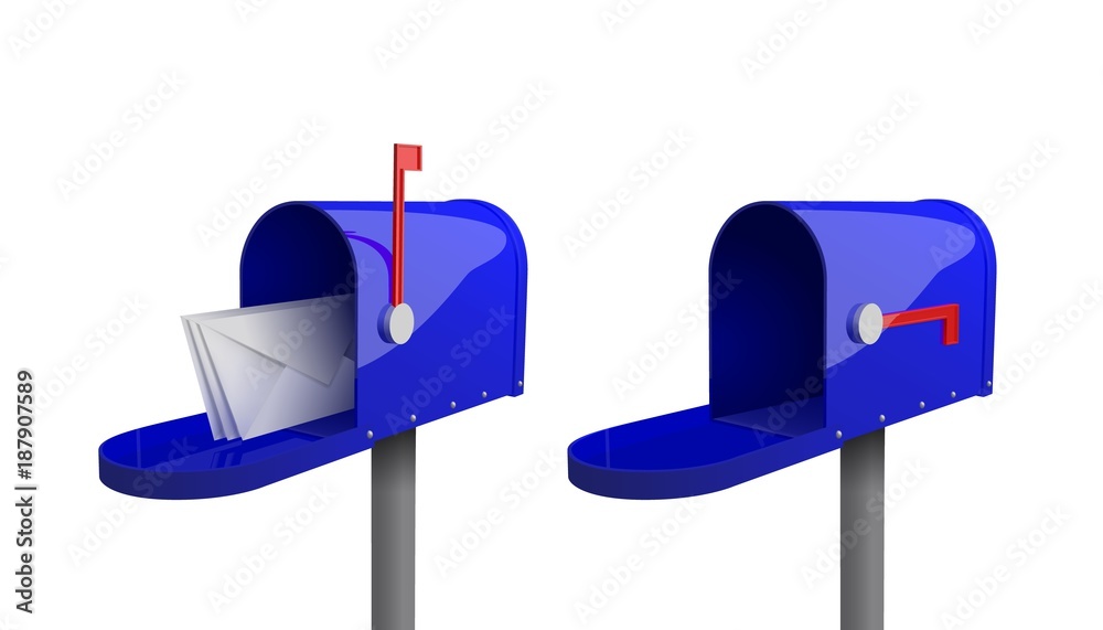 A set of mailboxes with a closed door, a raised flag, with an open door and letters inside. 3d illustration of blue mailbox with envelope, isolated on white background. Realistic vector illustration. A set of mailboxes with a closed door, a raised flag, with an open door and letters inside. 3d illustration of blue mailbox with envelope, isolated on white background. Realistic vector illustration.