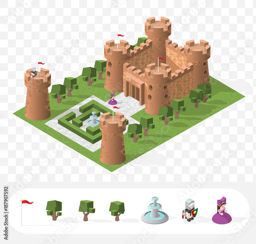 Set of Isolated High Quality Isometric Medieval Elements . Castle on Transparent Background