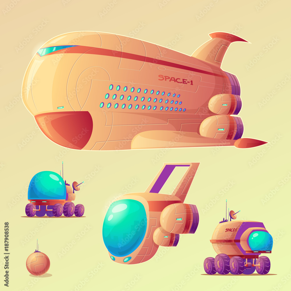 Obraz premium Vector mars colonization cartoon objects set. Spaceship, shuttle, mars rovers, base colony generato. Illustrations for futuristic infographics, banners in galaxy exploration, planet terraforming style