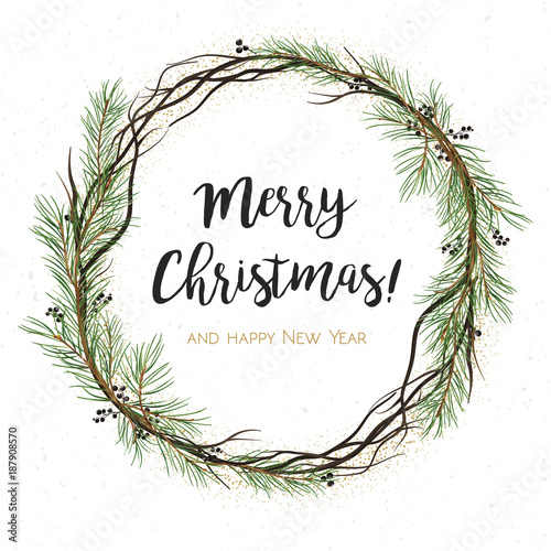 Vector greeting card, invite: Pine tree greenery, brown branches, Green spruce needles & black berry round wreath garland border, frame. Cute watercolor illustration. Merry Christmas text space design