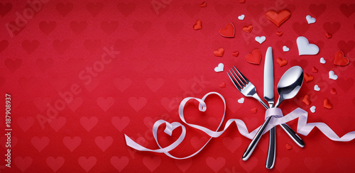 Table Setting Cutlery And Red Heart For Dinner Valentines Day
