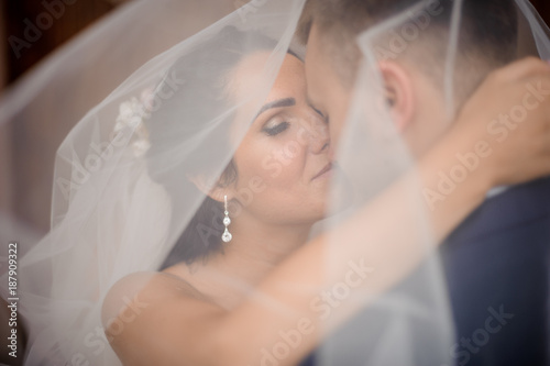 Happy young marring couple kissing under the bride's veil photo