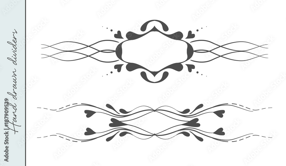 Vector hand drawn lovely valentine's day flourishes text divider graphic design element set. Designer art vintage border for Wedding invite card, page decoration. Delicate swirls hearts ornatate motif