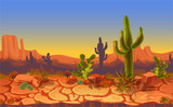 Vector seamless desert landscape. Horizontal cartoon game banner background, panorama with wild nature, cactus, rocks, trees, mountains sunset sky, canyon and dry ground. Western scene illustration
