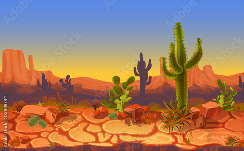Vector seamless desert landscape. Horizontal cartoon game banner background, panorama with wild nature, cactus, rocks, trees, mountains sunset sky, canyon and dry ground. Western scene illustration