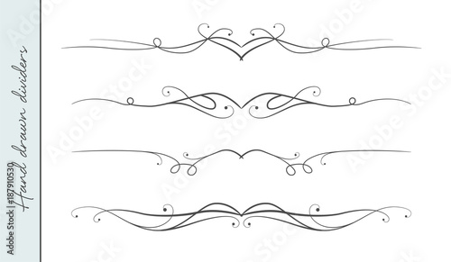 Vector hand drawn curve linear flourish, ornate text divider graphic design element set. Designer art border for Wedding invite card page decoration. Beauty calligraphic swirls, delicate motif pattern