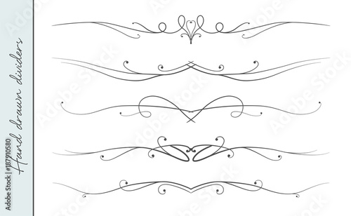 Vector hand drawn elegant flourish, text divider, graphic design element set. Designer art border for Wedding invite card, page decoration. Elegant calligraphic swirls, dots delicate motif ornament
