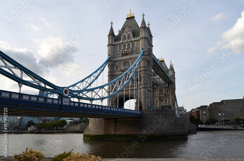 View to the Tower Bridge from the riverside on a cloudy day - London  Great Britain