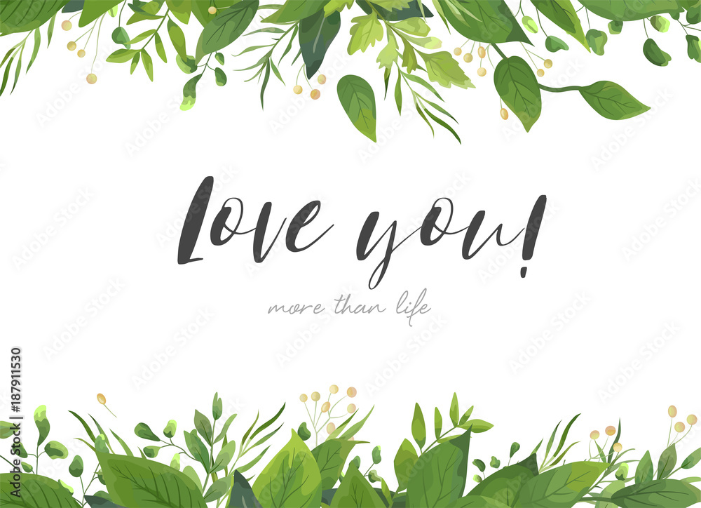 Obraz Vector card floral design with green watercolor fern leaves tropical forest greenery herbs decorative frame, border. Elegant beauty cute greeting, wedding invite, postcard template. Love you lettering