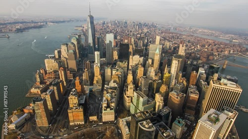 New York City,USA - November 2014: Aerial shot of Downtown Manhattan from helicopter at sunset with World Trade Center in view