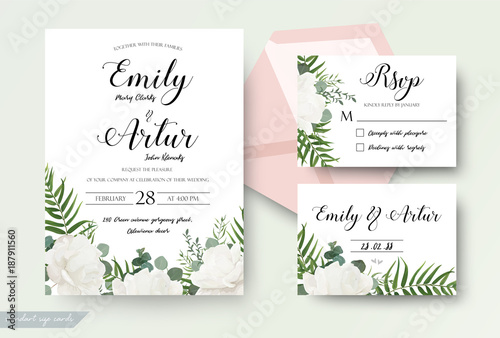 Wedding cards floral design. Invite, invitation, rsvp, response card save the date set. White garden rose peony flower forest fern, green tropical palm leaf, silver dollar eucalyptus branch decoration