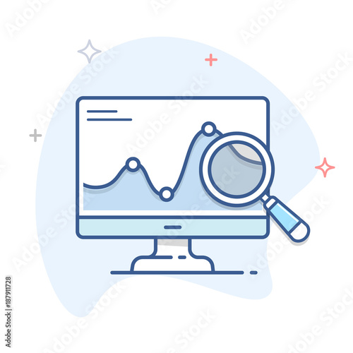 Computer monitor with graph and magnifying glass vector linear icon