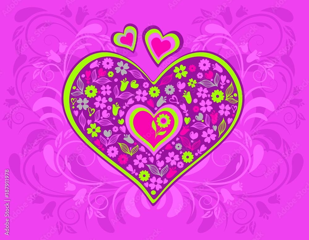 Decorative heart with flowers on pink background. Abstract illustration about love and relationships. Valentine's day card. Vintage style. Vector.