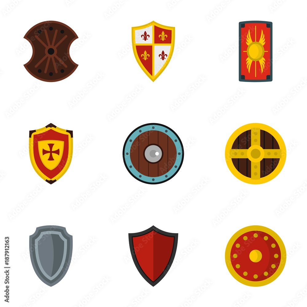 Various knight shield icons set, flat style