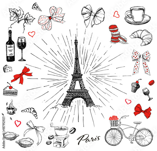 Set of hand drawn French icons, Paris sketch illustration