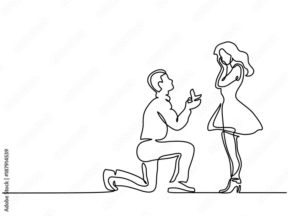 Continuous line drawing. Vector illustration. Man kneeling offering engagement ring and woman surprised silhouette isolated on white background Continuous line drawing. Vector illustration. Man kneeling offering engagement ring and woman surprised silhouette isolated on white background