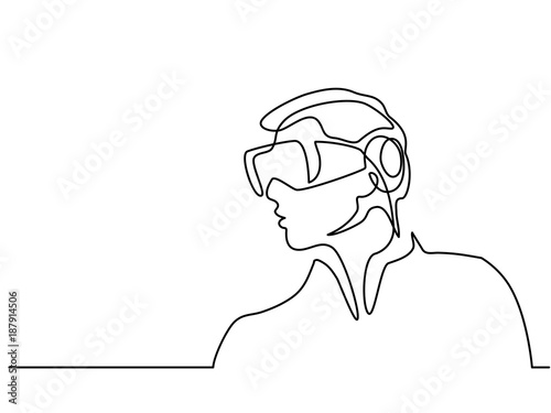Continuous line drawing. Man wearing virtual reality goggles. Vector illustration
