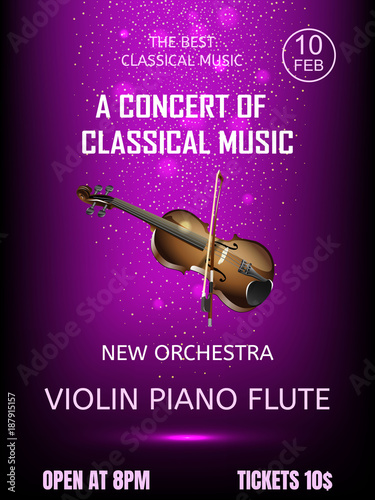 Invitation ticket to the concert with a picture of a violin on a purple background.