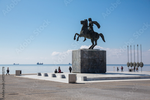 The Great Alexander's statue on a seafront promenade in Thessaloniki