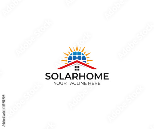 Solar home logo template. Solar panel and sun vector design. Renewable energy illustration