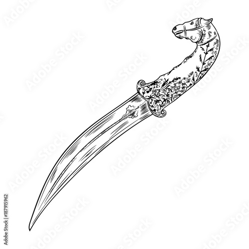 Black work tattoo art hand drawn engraving style medieval knife, dagger for flesh body art. Vintage sketch edged antique weapon. Vector.