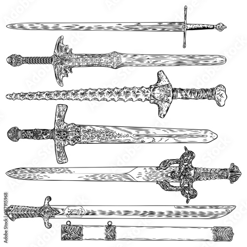 Knife, dagger, sword. Ancient Europe weapon set. Viking sword, knights and fantasy weapons, isolated on white. Collection of world cold Medieval weapons. Vector.