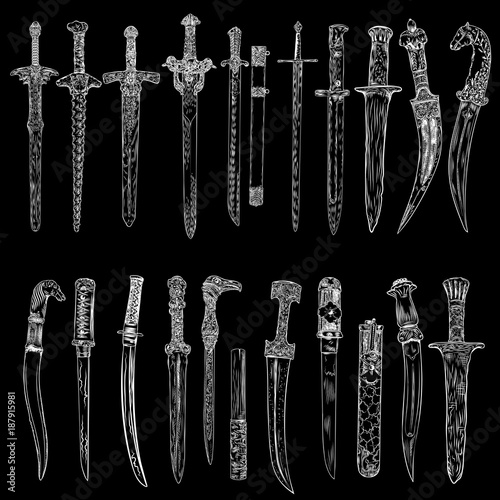 Black work tattoo art hand drawn engraving style medieval knife, dagger, sword for flesh body art. Vintage sketch edged antique weapons. Vector.