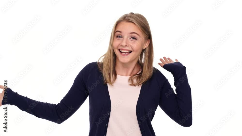 Happy blonde woman in cardigan having idea over white background Happy blonde woman in cardigan having idea over white background