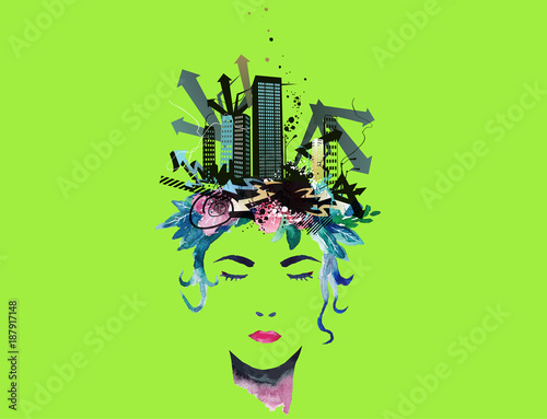 Big city life concept . Fashion women with the modern city on her head.Vector Illustration