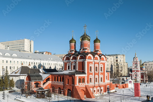 Cathedral of the icon of the Mother of God "the Sign" and the Church of St. George the victorious on Pskov hill with a bell tower. Street Varvarka. Moscow. Russia