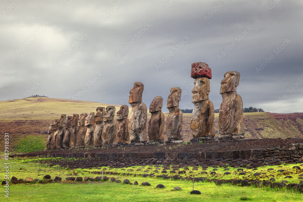 Ahu Tongariki, is the largest ahu on Easter Island, Chile