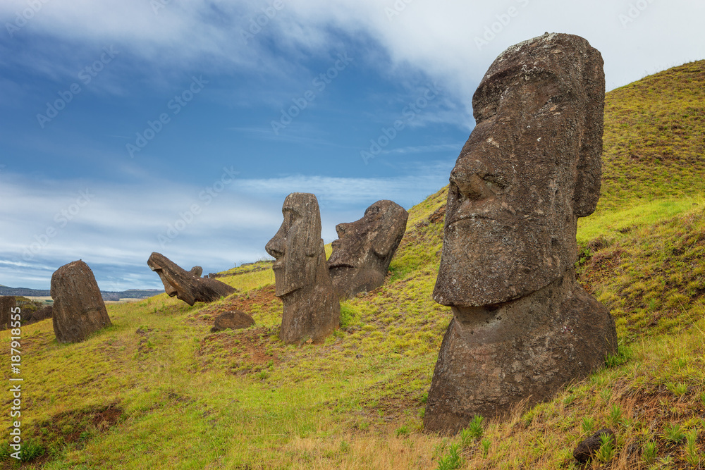 Volcano and Rano Raraku quarry, where most of the moai of Easter Island were carved, Chile Volcano and Rano Raraku quarry, where most of the moai of Easter Island were carved, Chile