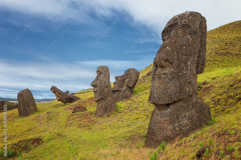 Volcano and Rano Raraku quarry, where most of the moai of Easter Island were carved, Chile