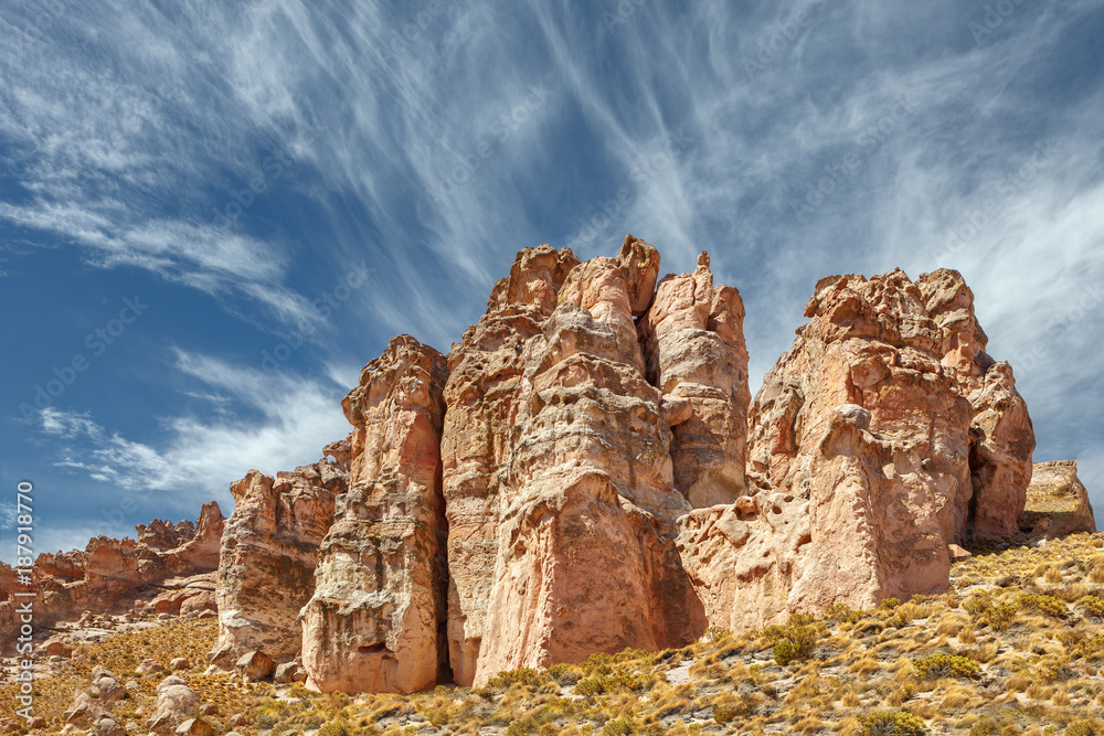 Fototapeta premium Rocky red formation of Valle de la Felicidad near Cariquima and Colchane in the Tarapacá region, Chile