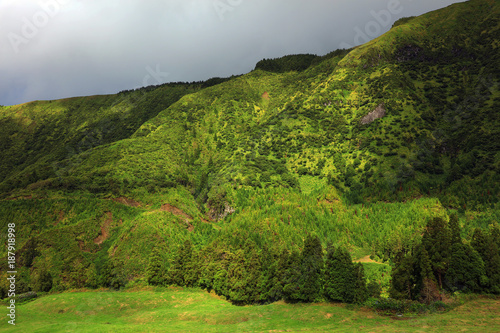 Lanscape from the volcanic crater Lagoa de Santiago of Sete Citades in Sao Miguel Island of Azores, Portugal photo