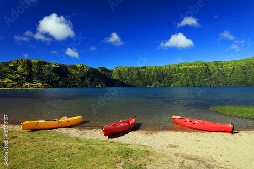 Lanscape from the volcanic crater lake of Sete Citades in Sao Miguel Island of Azores Portugal photo