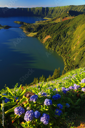 Lanscape from the volcanic crater lake of Sete Citades in Sao Miguel Island of Azores Portugal