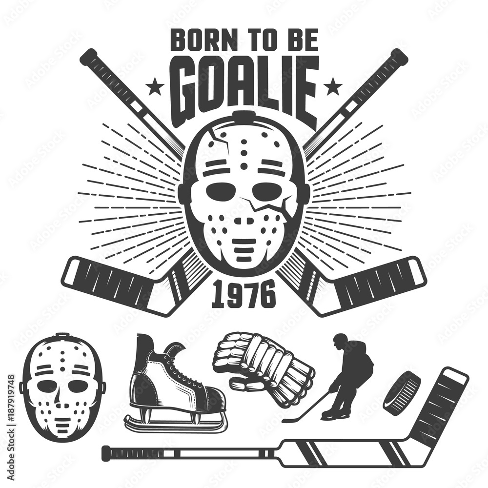 Naklejka premium Hockey retro emblem with vintage goalkeeper's mask and sticks. Inscription is born to be goalie.