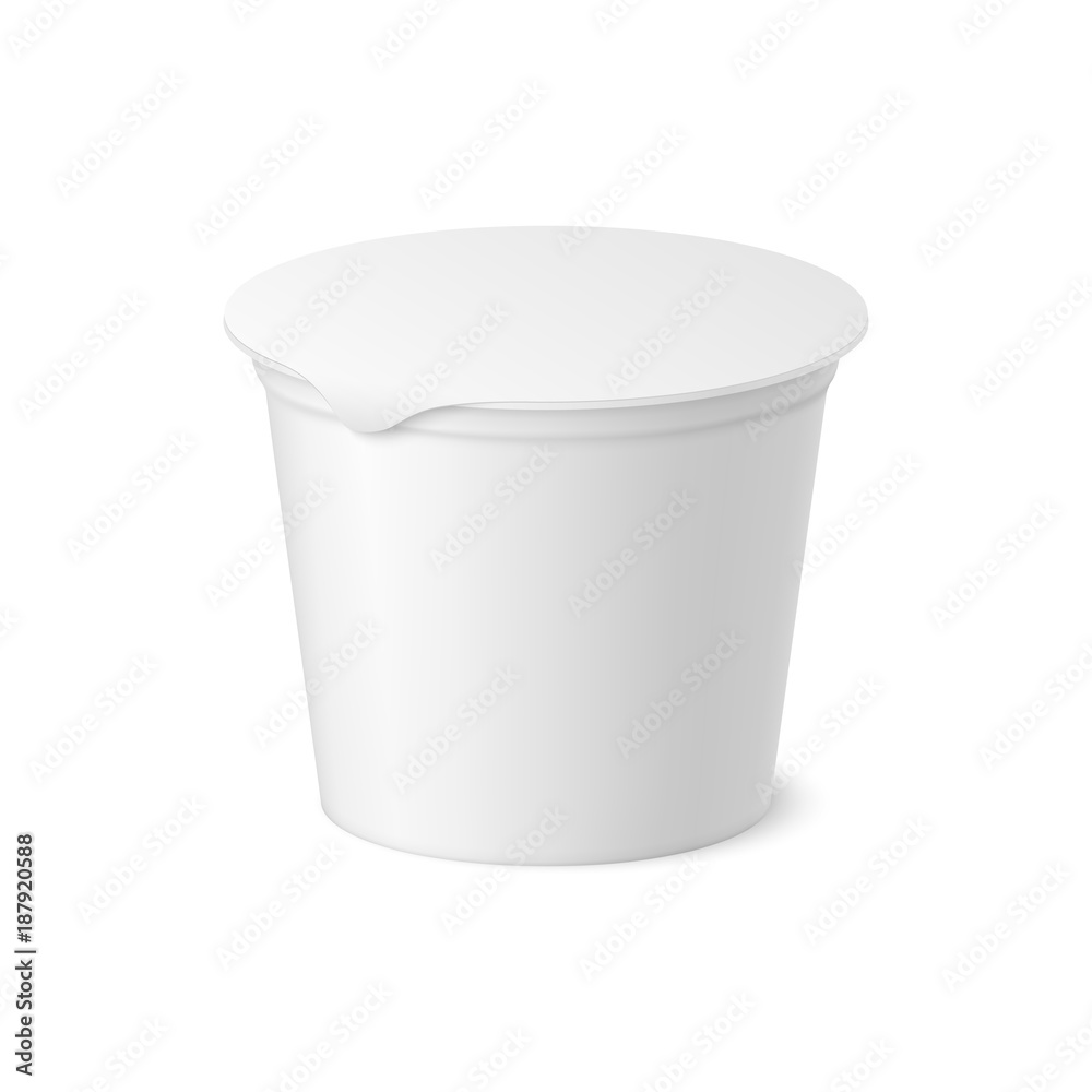 Vector realistic yogurt, ice cream or sour creme package on white backgrounnd. 3D illustration. Mock up of container with lid isolated. Template for your design. Side view. Diminishing perspective. Vector realistic yogurt, ice cream or sour creme package on white backgrounnd. 3D illustration. Mock up of container with lid isolated. Template for your design. Side view. Diminishing perspective.